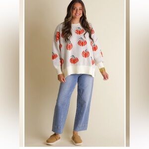 Fantastic Fawn Pumpkin Long Sleeve Sweater. Cream with orange pumpkin size small